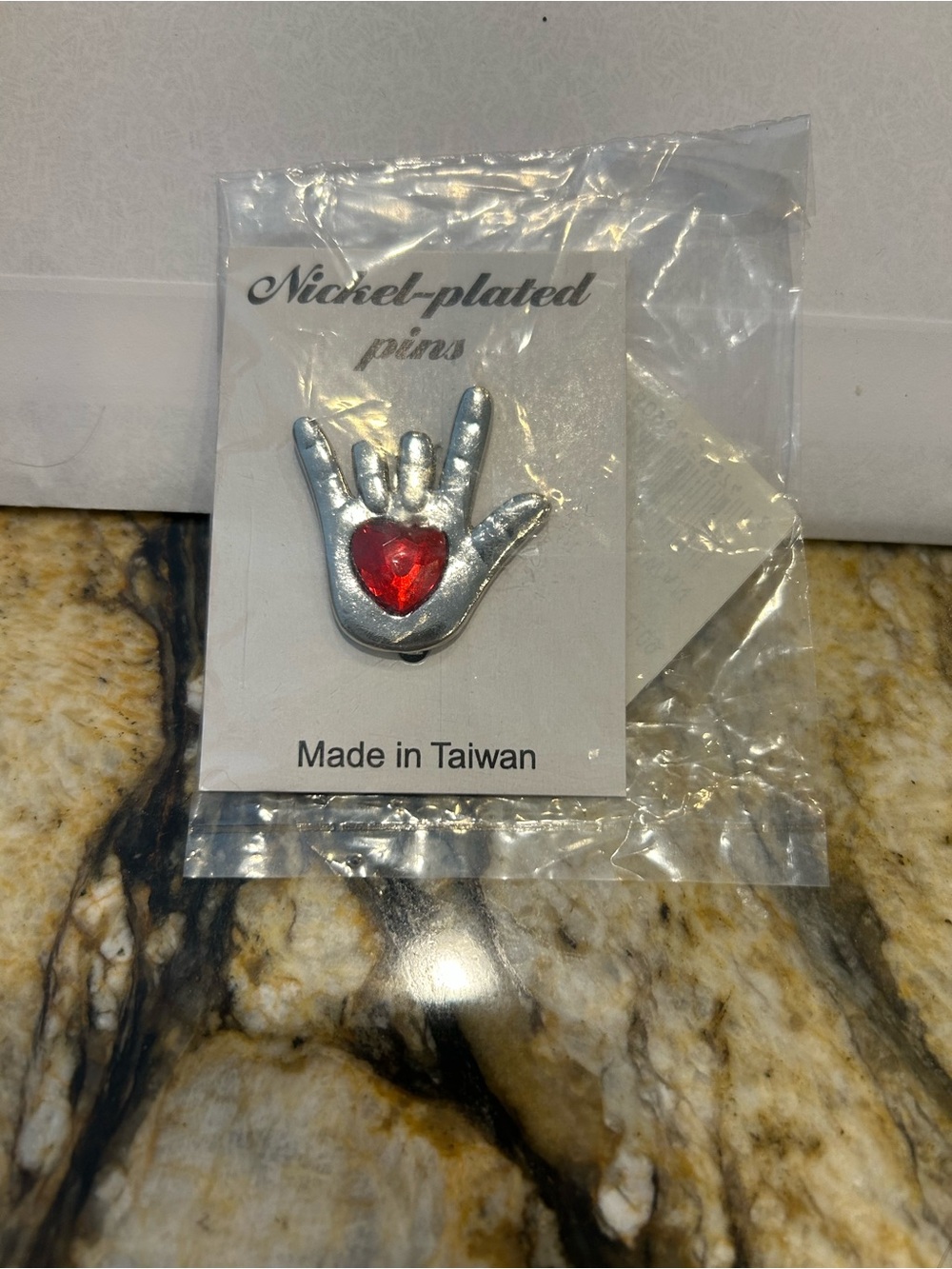 Nickel-Plated ASL Hand “I Love You” 😘❤️ Pin with Red Heart